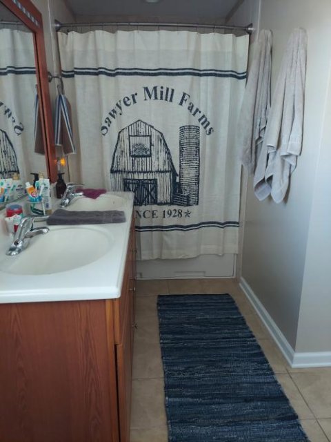 Farmstead Blue Barn Shower Curtain