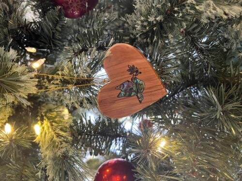 Christmas Olive Wood with Mother of Pearl Peace Dove - Heart Ornament