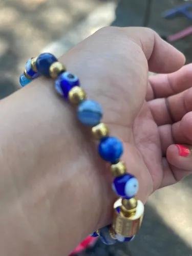 Diana I Bracelet (Evil Eye Charm in Natural Blue Evil Eye, Blue Lace Agate & Gold Pyrite)