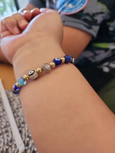 Diana I Bracelet (Evil Eye Charm in Natural Blue Evil Eye, Blue Lace Agate & Gold Pyrite)