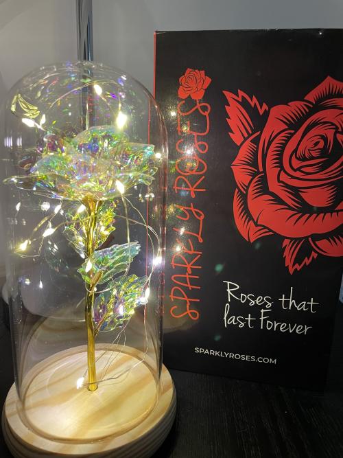 Galaxy rose next to its Sparkly Roses box