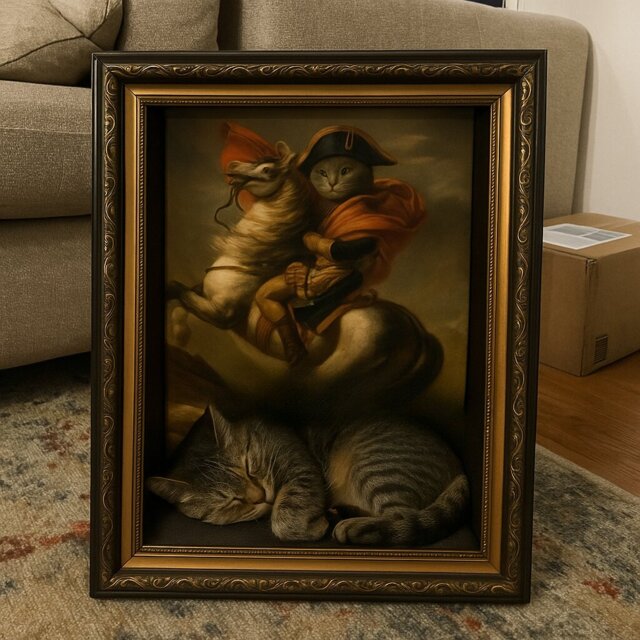 Künstlerisches Katzenbett mit Kult-Motiven