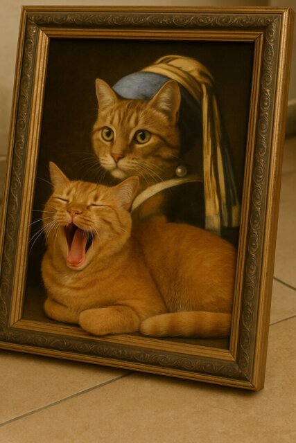 Künstlerisches Katzenbett mit Kult-Motiven