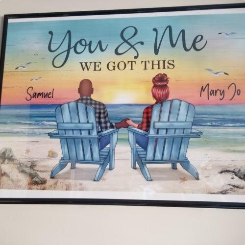 Rückansicht Paar sitzend Strandlandschaft personalisiertes horizontales Poster