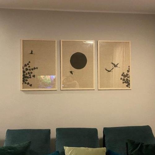 Linnen Look Japanse Lente: Kraanvogels en Bloesemboom Drieluik Poster