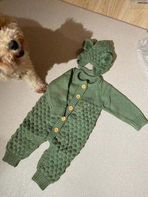 Knitted Winter Long Sleeve Jumpsuit Overall And Beanie Baby 3-18 Months