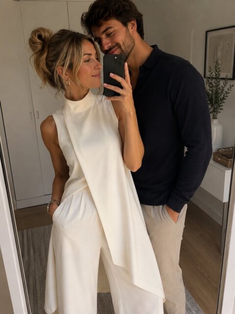 Clienta haciéndose una fotografía frente al espejo con su pareja