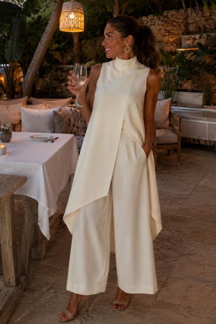 Clienta posando en un restaurante con el conjunto blanco